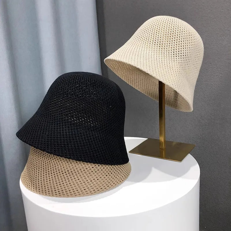 New Summer Beach Solid Wide Brim Bucket Hat For Women Hollow Breathable Sunshade Outdoor Girls Travel Panam Fisherman Cap Gift